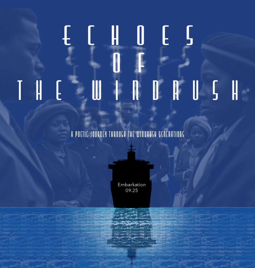a poster featuring a ship in silhouette, text and photographs of the windrush generation