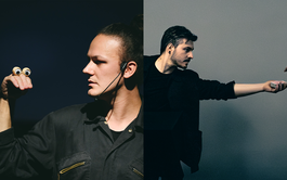Two images are placed next to each other horizontally. On the left, a man with long brown hair tied up in a bun is using his hand as a puppet with two googly eyes stuck on top of his fingers. On the right, another man is sat down and dressed all in black, and is reaching over to the right with a deck of cards in his hand. 