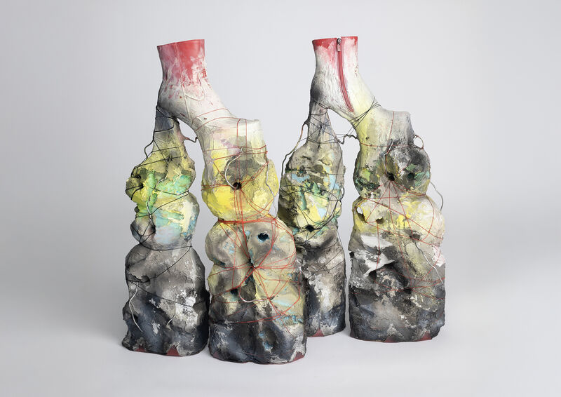 Unidentified Performing Objects shoe-sculpture by artist Luca Bosani in yellow, white and red, made at V&A Museum South Kensington, 2024