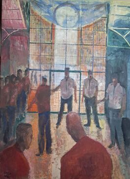 Painting of prisioners and guards in Wandsworth Prison