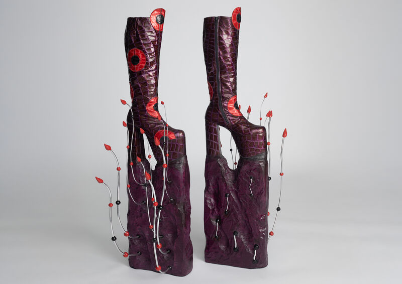 Unidentified Performing Objects shoe-sculpture by artist Luca Bosani in purple and red, made at V&A Museum South Kensington, 2024