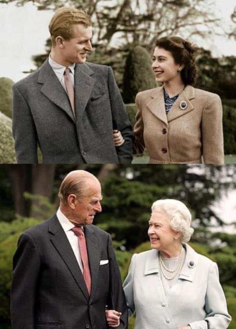 2 Photos of Queen and Prince Philip looking at each other in 1947 & 2017