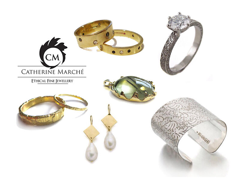 Jewellery Collection from © Catherine Marche featuring wedding rings , diamond solitaire, pendant, cultured pearl earrings and manchette bangle