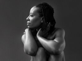 Black & white publicity image of Singer, Melissa James, nude, stripped back, art print