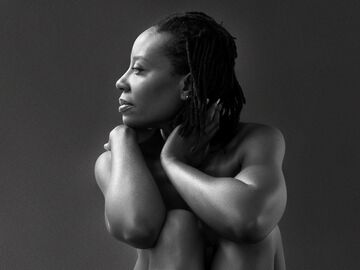 Black & white publicity image of Singer, Melissa James, nude, stripped back, art print