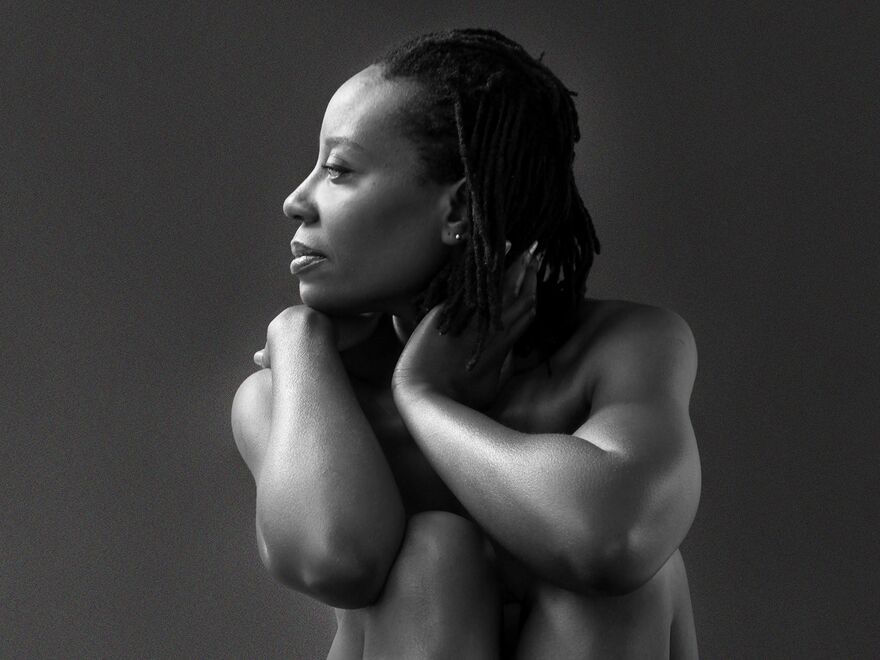 Black & white publicity image of Singer, Melissa James, nude, stripped back, art print