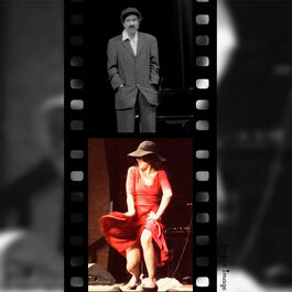 A film tape displaying two still images: on top is a black and white image of what seems to be a man of the silent movie era, similar to Charlie Chaplin. The image below is of a woman in a black wide-brimmed hat, covering most of her face and in a red dress, with her hands swaying her dress in dance.