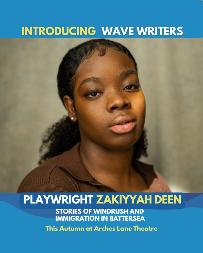 Photo of a black, early 20's woman in a brown shirt looking towards the viewer with the text Introducing 'Wave Writers Playwright Zakiyyah Deen' written above and below her face in white and yellow. The background of the image is made of several shades of blue.