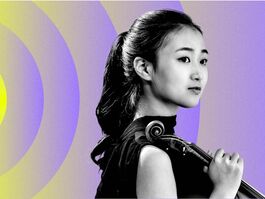 A black and white photograph of a South Korean violinist holding her violin against her shoulder. The background is purple and yellow concentric circles that look like sound waves. 