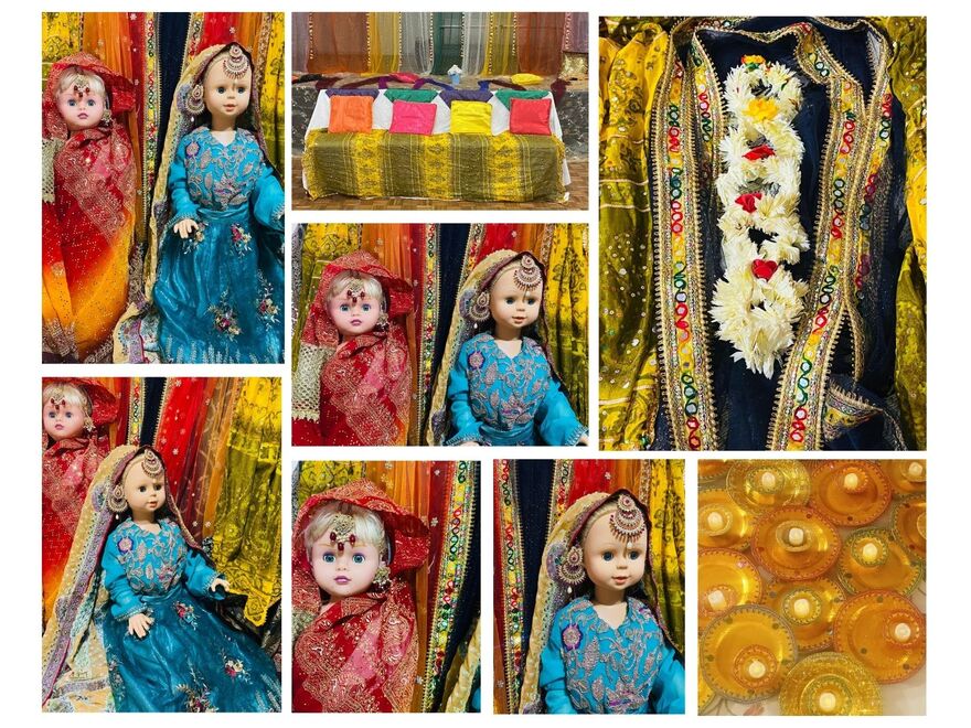 This image shows the South Asian wedding dresses and jewellery and wedding setup