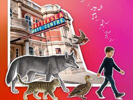 A collage image featuring the exterior of Battersea Arts Centre, a wolf, a duck, a cat, a bird and  a young boy and some musical notes.