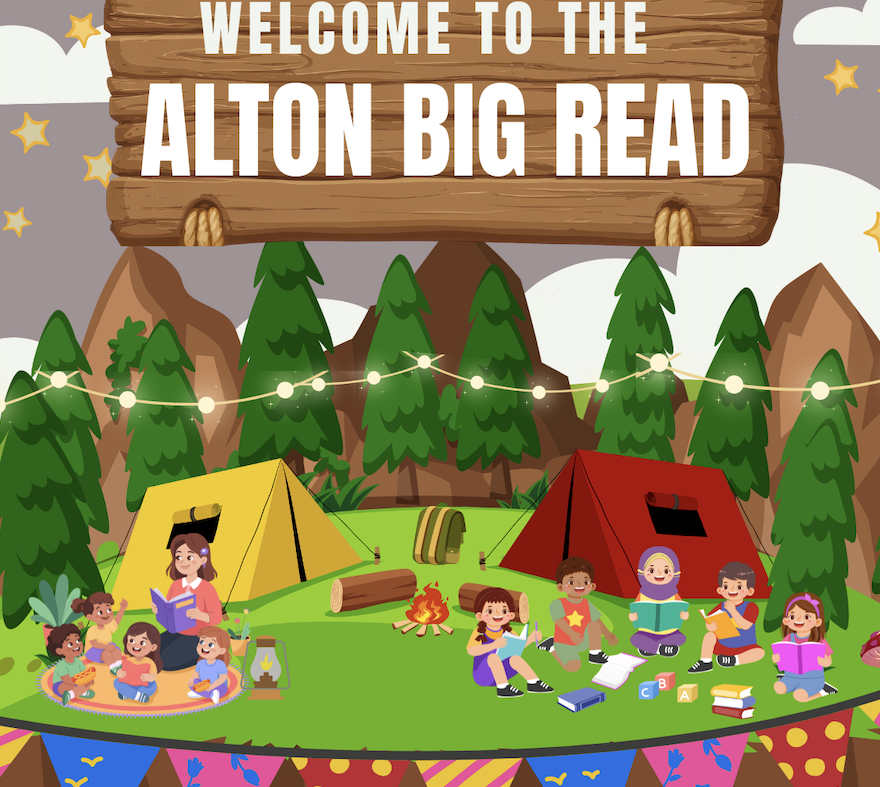 Image of families reading in tents by a campfire with hotdogs and trees