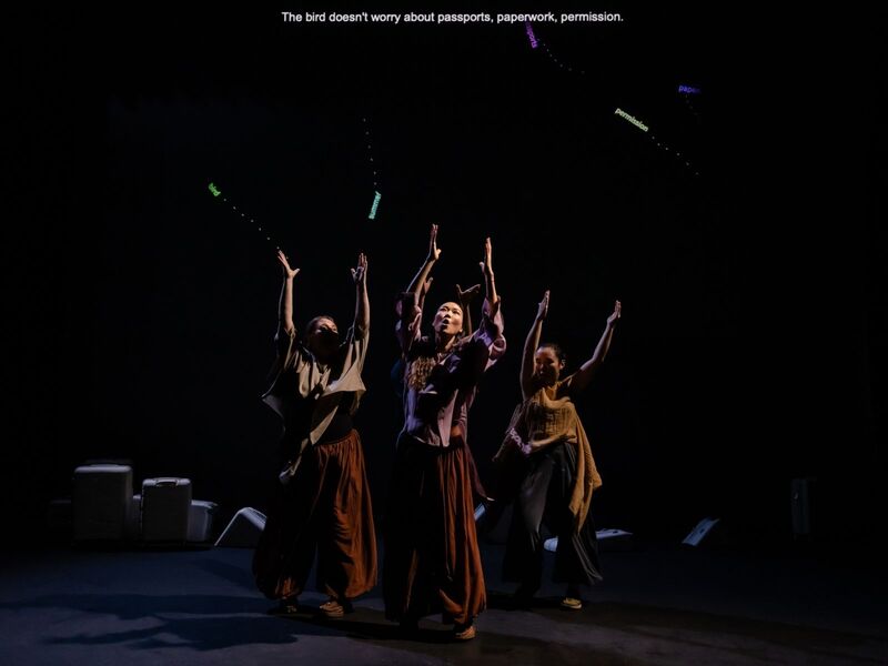 Production shots from Transit - the first is a group of actors crowded around a tower of suitcases while one pretends to take a selfie using a smaller suitcase; the second is a group of actors standing behind a row of suitcases with projections describing how much they've spent on migrating to the UK; the third is a group of actors clumped together in low light, their arms stretched out to the ceiling mid-contemporary dance; the fourth is an actor standing in between two harsh lights with words projected over her face; the fifth is five actors standing in the corners and centre of the stage, 'talking' to the home office via mimed phones.